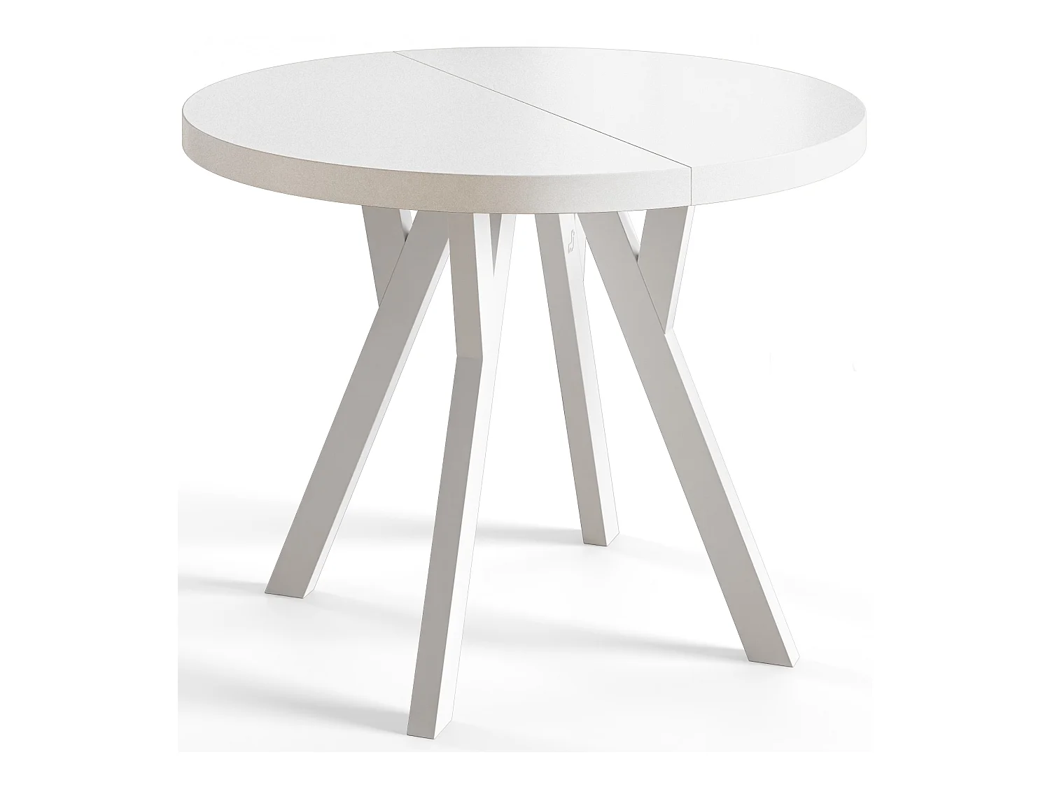 Table de salle à manger ronde OVO, table à rallonges Diamètre : 100 cm à 200 cm, couleur de la table basse : blanc, avec pieds en bois couleur blanc