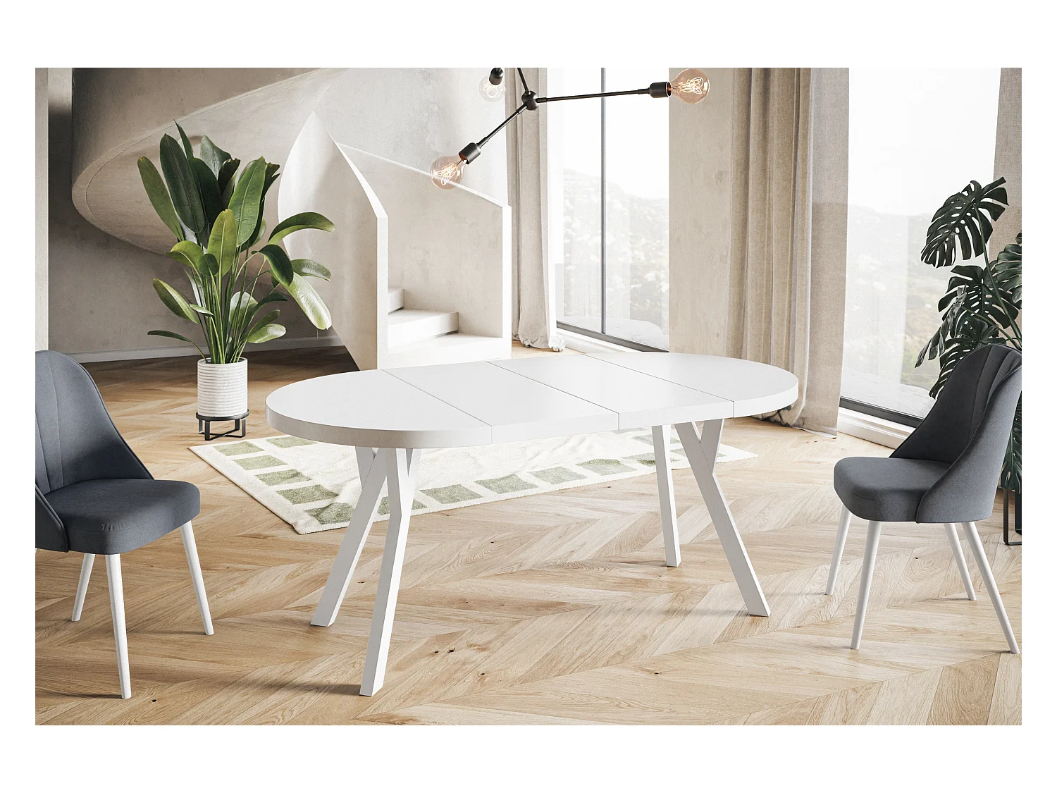 Table de salle à manger ronde OVO, table à rallonges Diamètre : 100 cm à 200 cm, couleur de la table basse : blanc, avec pieds en bois couleur blanc