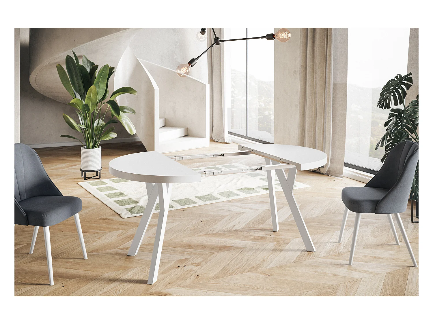 Table de salle à manger ronde OVO, table à rallonges Diamètre : 100 cm à 200 cm, couleur de la table basse : blanc, avec pieds en bois couleur blanc