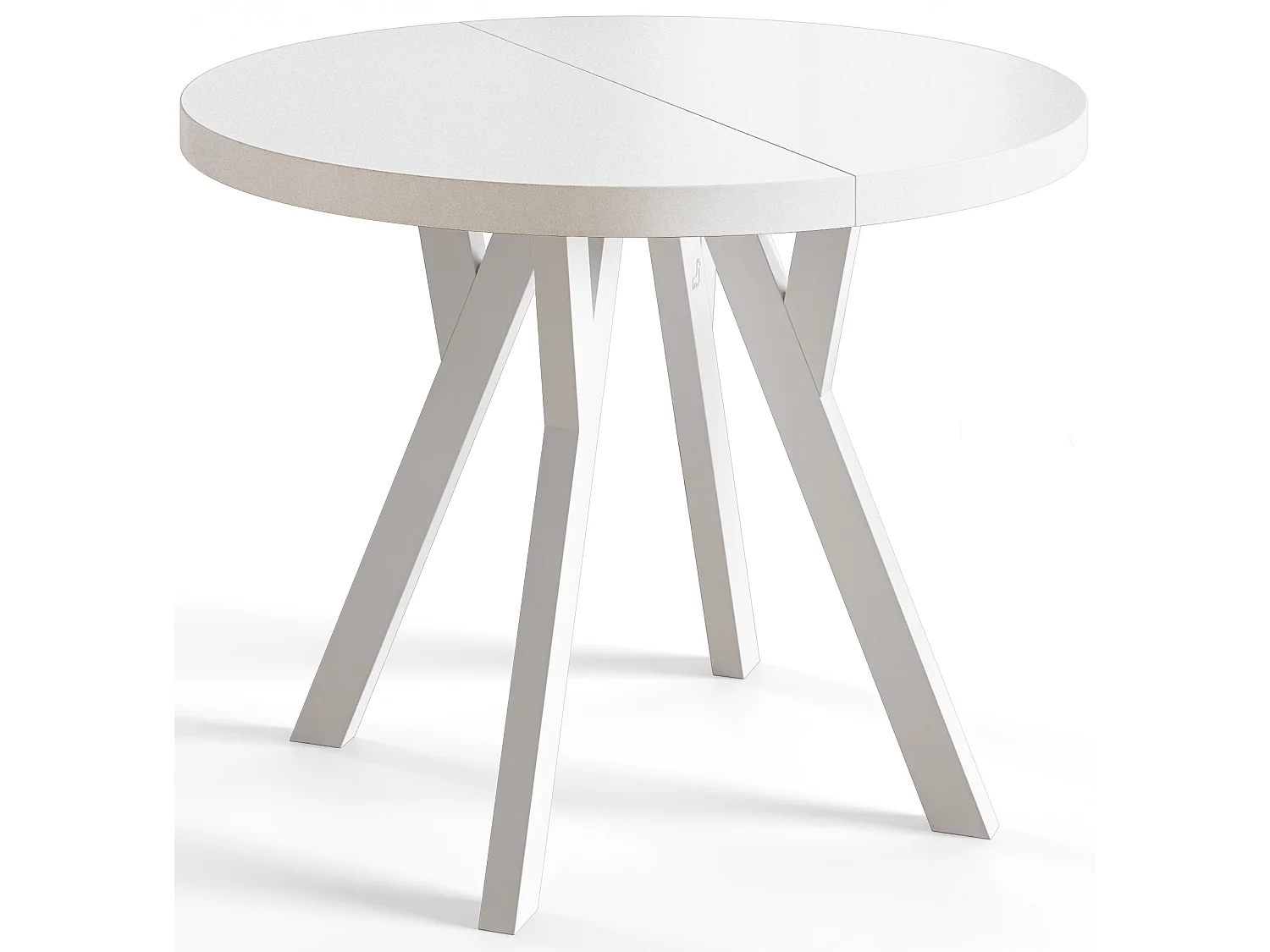 Table de salle à manger ronde OVO, table à rallonges Diamètre : 100 cm à 200 cm, couleur de la table basse : blanc, avec pieds en bois couleur blanc