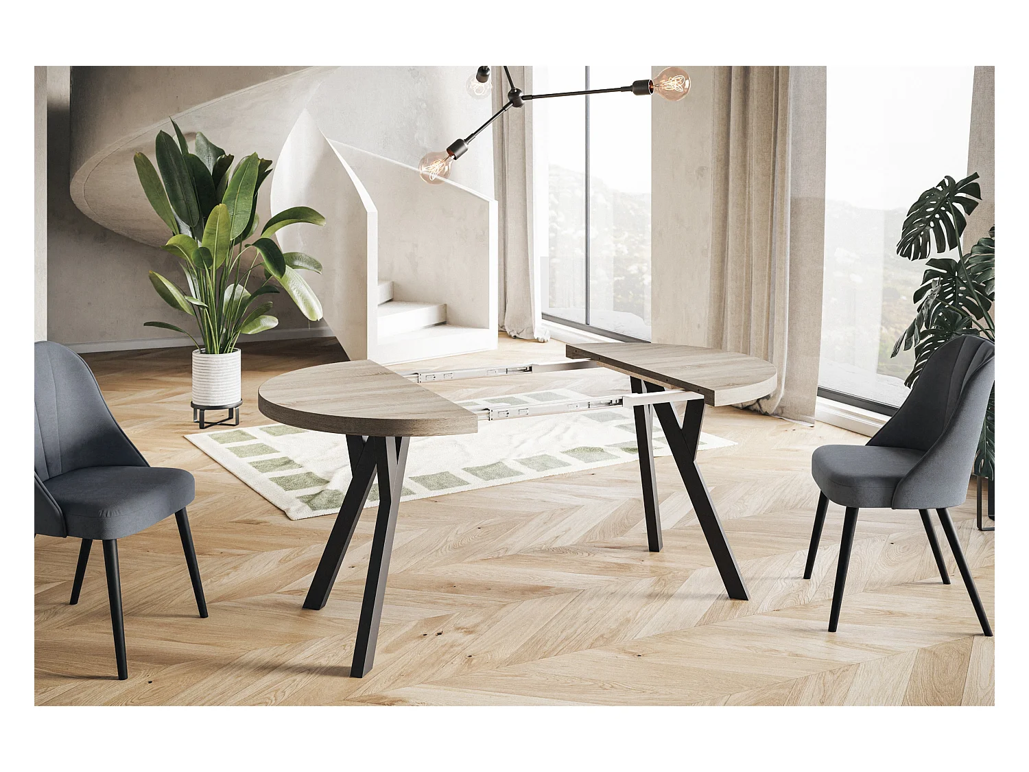 Table de salle à manger ronde OVO, table à rallonges Diamètre : 100 cm à 200 cm, couleur de la table basse : SONOMA, avec pieds en bois couleur noir