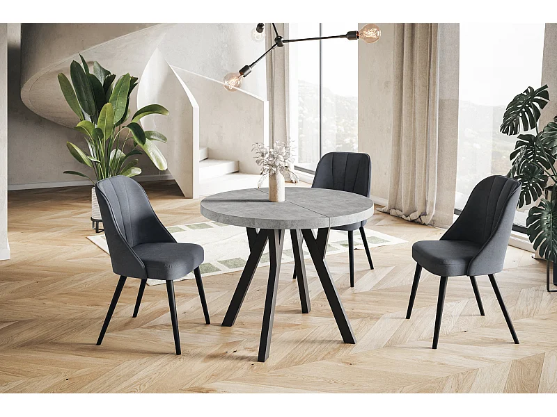 Table de salle à manger ronde OVO, table à rallonges Diamètre : 90 cm à 190 cm, couleur de la table basse : graphite, avec pieds en bois de couleur noire