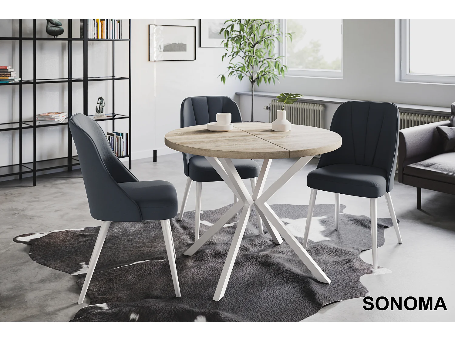 Table à manger ronde LITEN, table à rallonges Diamètre : 100 cm/180 cm, couleur de la table basse : beige, avec pieds métalliques de couleur blanche