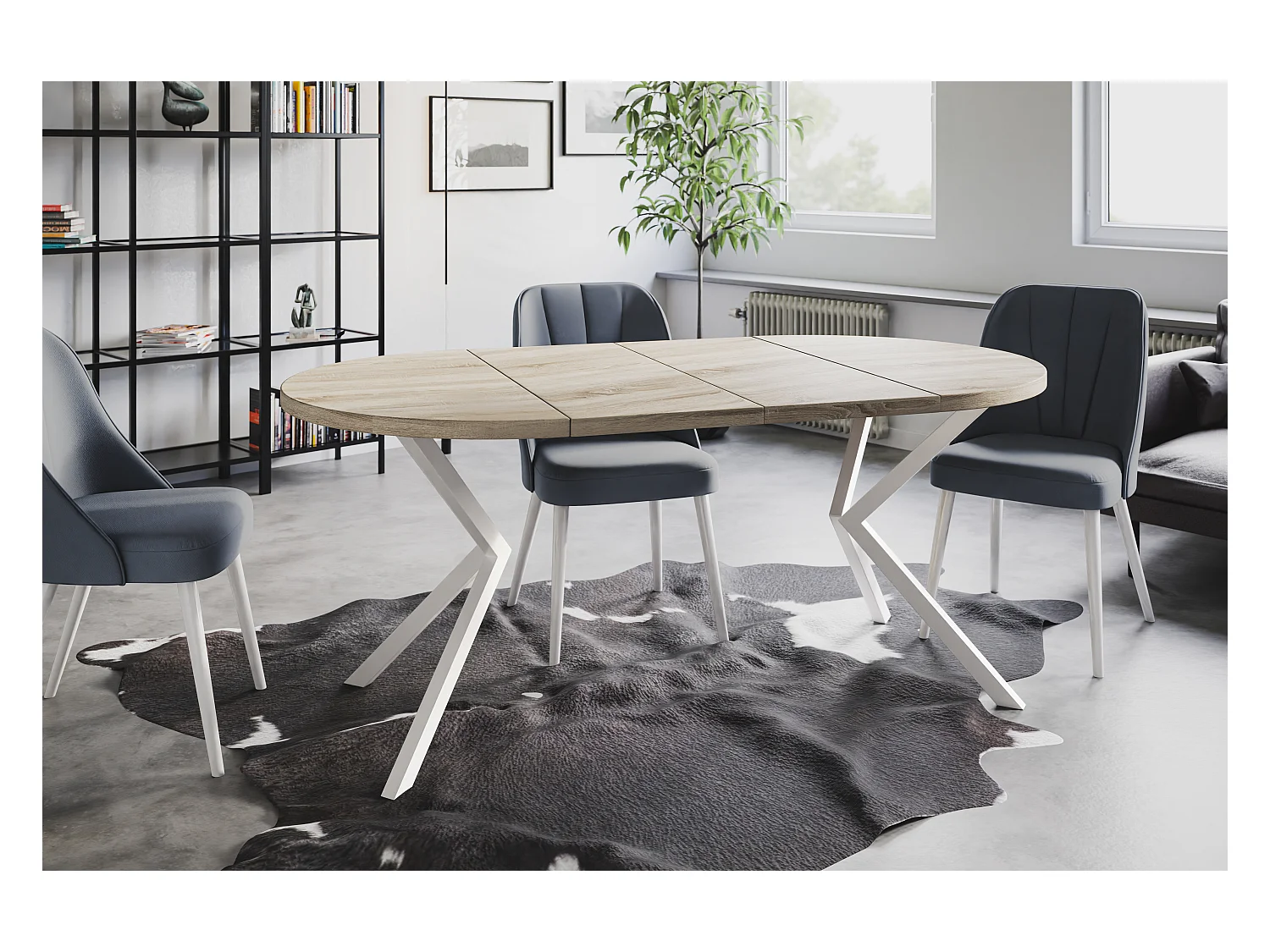 Table à manger ronde LITEN, table à rallonges Diamètre : 100 cm/180 cm, couleur de la table basse : beige, avec pieds métalliques de couleur blanche