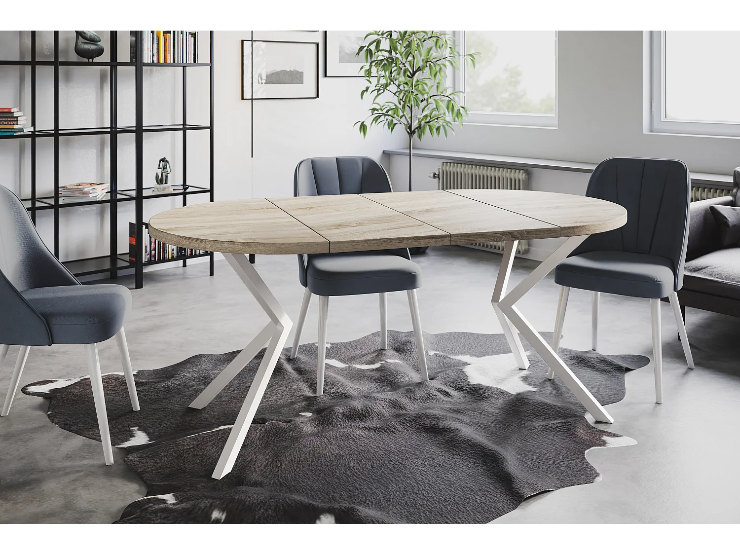 Table à manger ronde LITEN, table à rallonges Diamètre : 100 cm/180 cm, couleur de la table basse : beige, avec pieds métalliques de couleur blanche