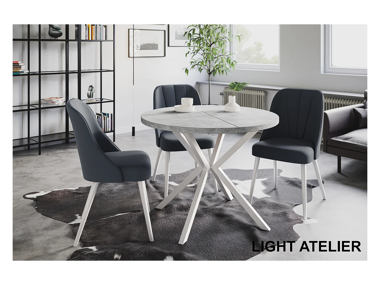 Table à manger ronde LITEN, table à rallonges Diamètre : 90 cm/170 cm, couleur de la table basse : gris clair, avec pieds métalliques de couleur blanche