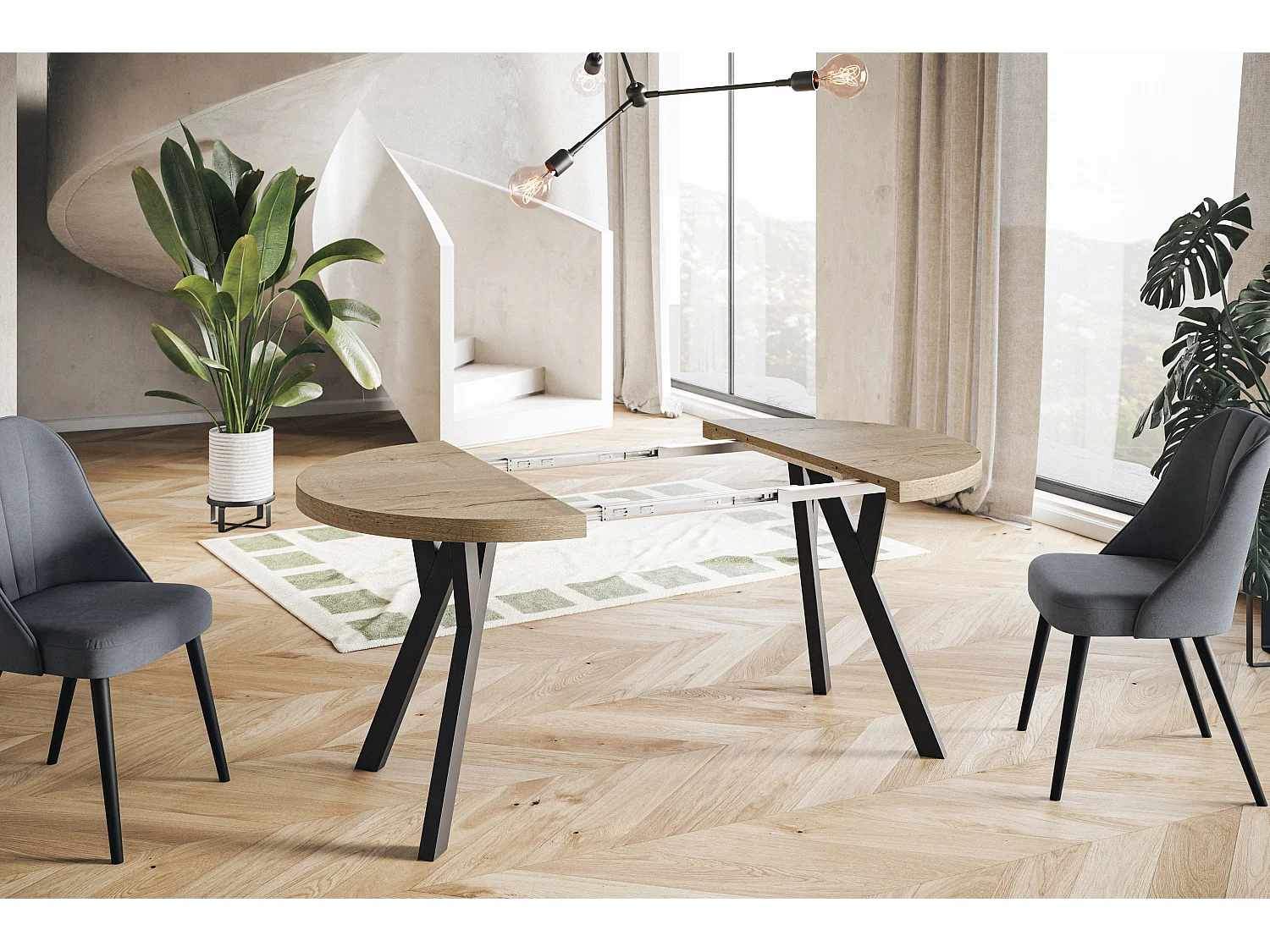 Table de salle à manger ronde OVO, table à rallonges Diamètre : 120 cm à 220 cm, couleur de la table basse : HALIFAX, avec pieds en bois de couleur noire