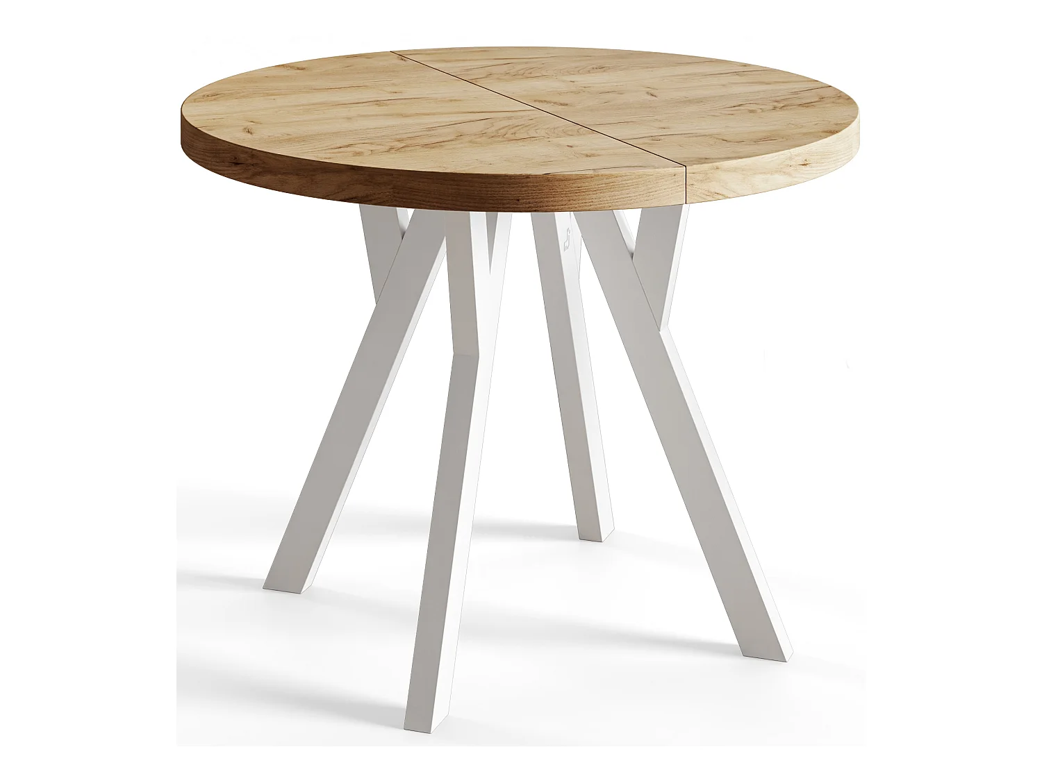 Table de salle à manger ronde OVO, table à rallonges Diamètre : 90 cm à 190 cm, couleur de la table basse : CRAFT, avec pieds en bois de couleur blanche