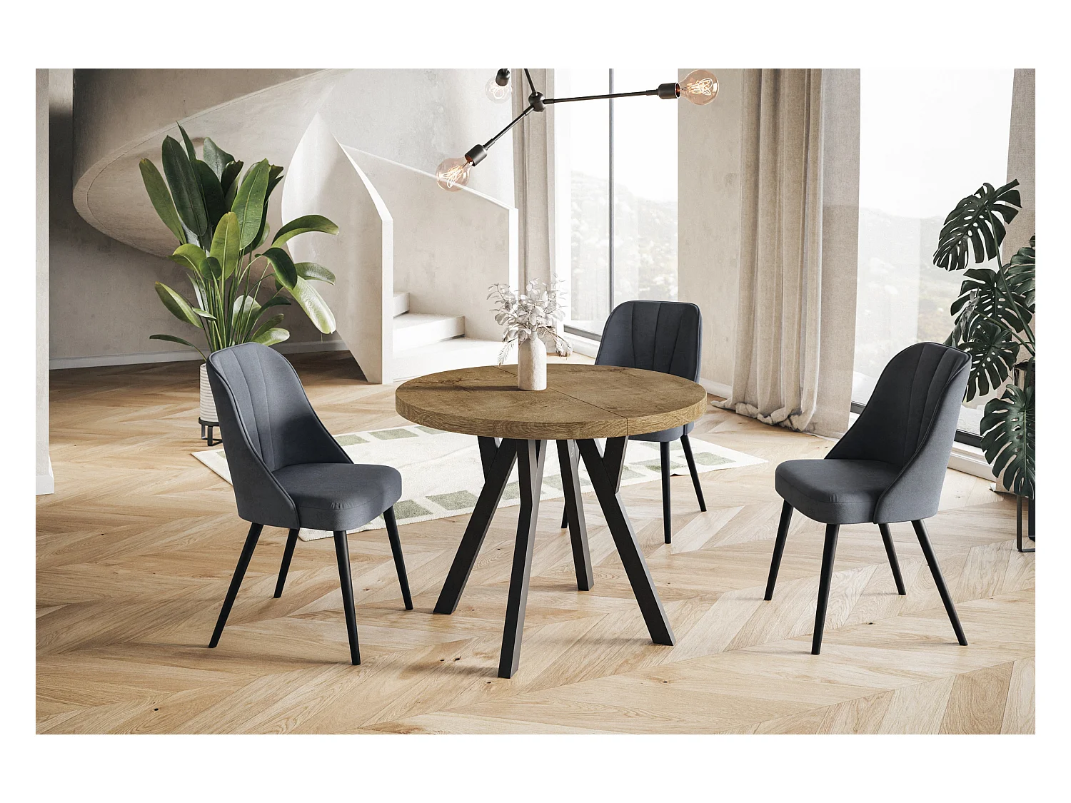 Table de salle à manger ronde OVO, table à rallonges Diamètre : 120 cm à 220 cm, couleur de la table basse : LEFAKS, avec pieds en bois couleur noir