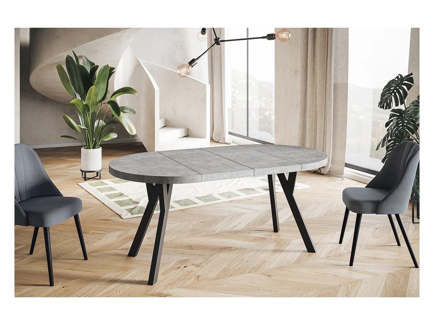 Table de salle à manger ronde OVO, table à rallonges Diamètre : 100 cm à 200 cm, couleur de la table basse : graphite, avec pieds en bois de couleur noire