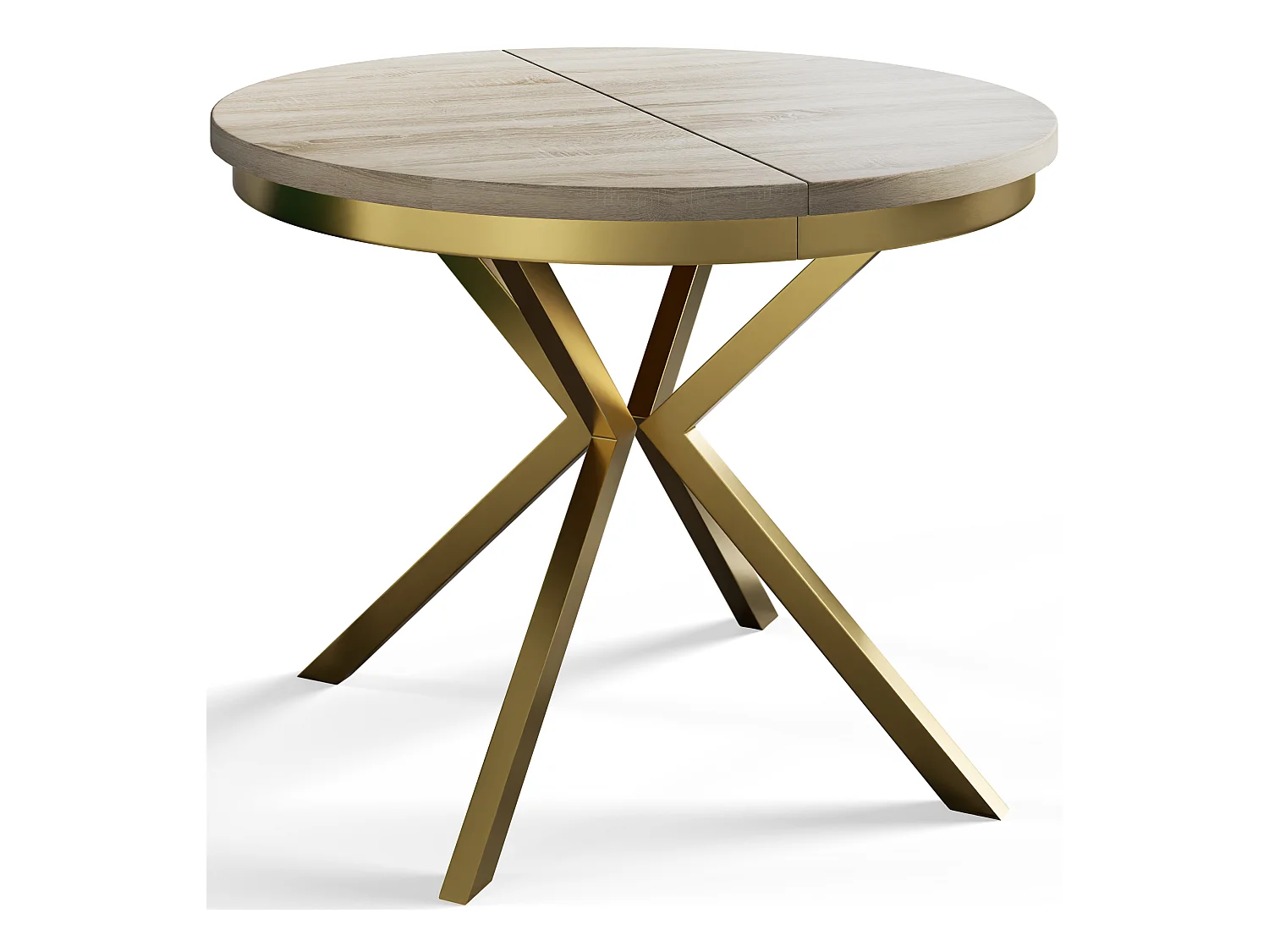 Table de salle à manger ronde BERGO, table à rallonge Diamètre : 90 cm/170 cm, table de salon Couleur : beige, avec pieds métalliques couleur or
