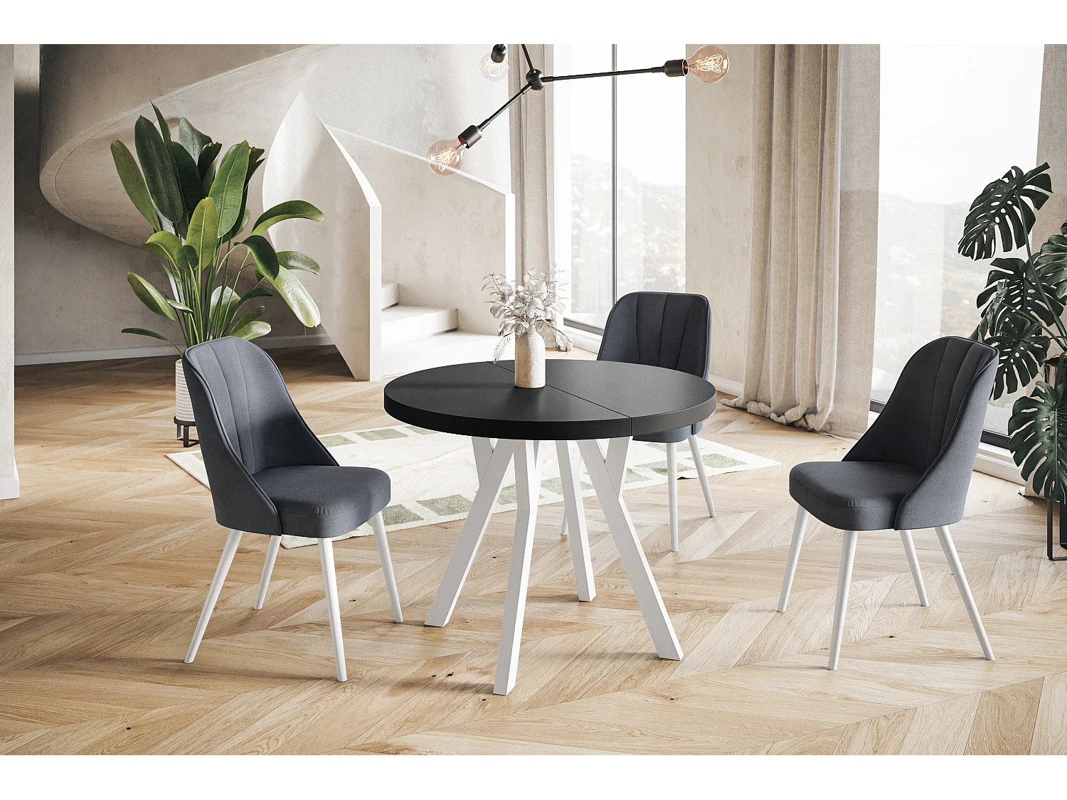 Table de salle à manger ronde OVO, table à rallonges Diamètre : 120 cm à 220 cm, couleur de la table basse : noir, avec pieds en bois de couleur blanc