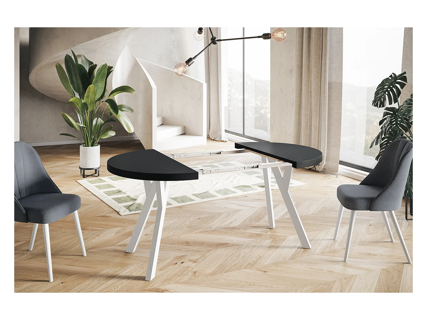 Table de salle à manger ronde OVO, table à rallonges Diamètre : 120 cm à 220 cm, couleur de la table basse : noir, avec pieds en bois de couleur blanc