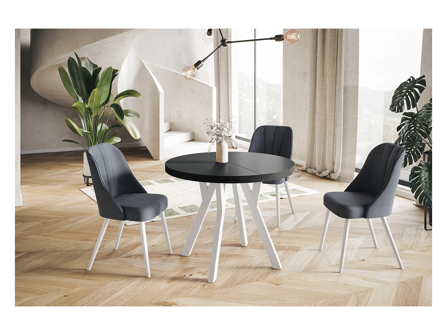 Table de salle à manger ronde OVO, table à rallonges Diamètre : 120 cm à 220 cm, couleur de la table basse : noir, avec pieds en bois de couleur blanc