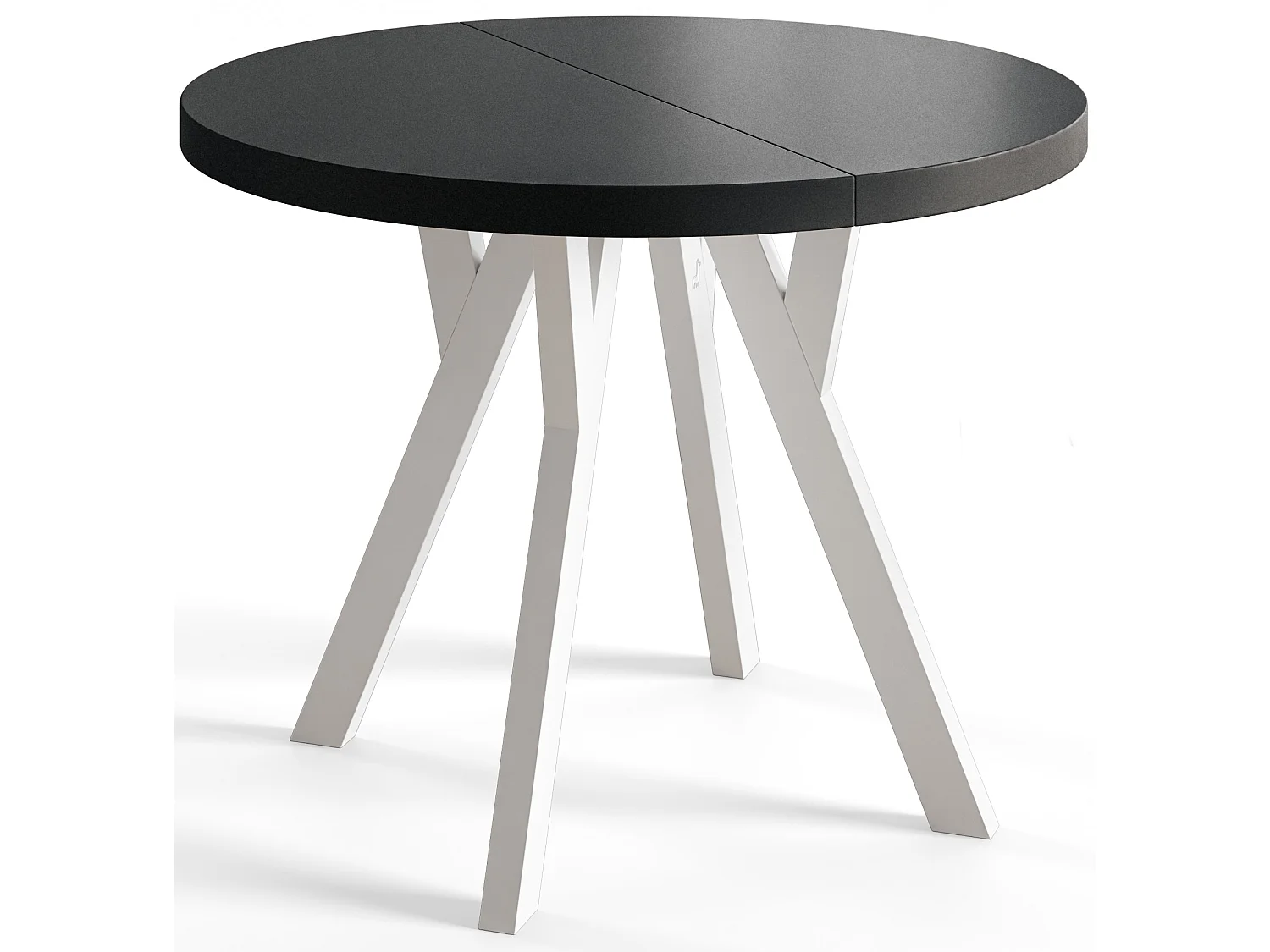 Table de salle à manger ronde OVO, table à rallonges Diamètre : 120 cm à 220 cm, couleur de la table basse : noir, avec pieds en bois de couleur blanc