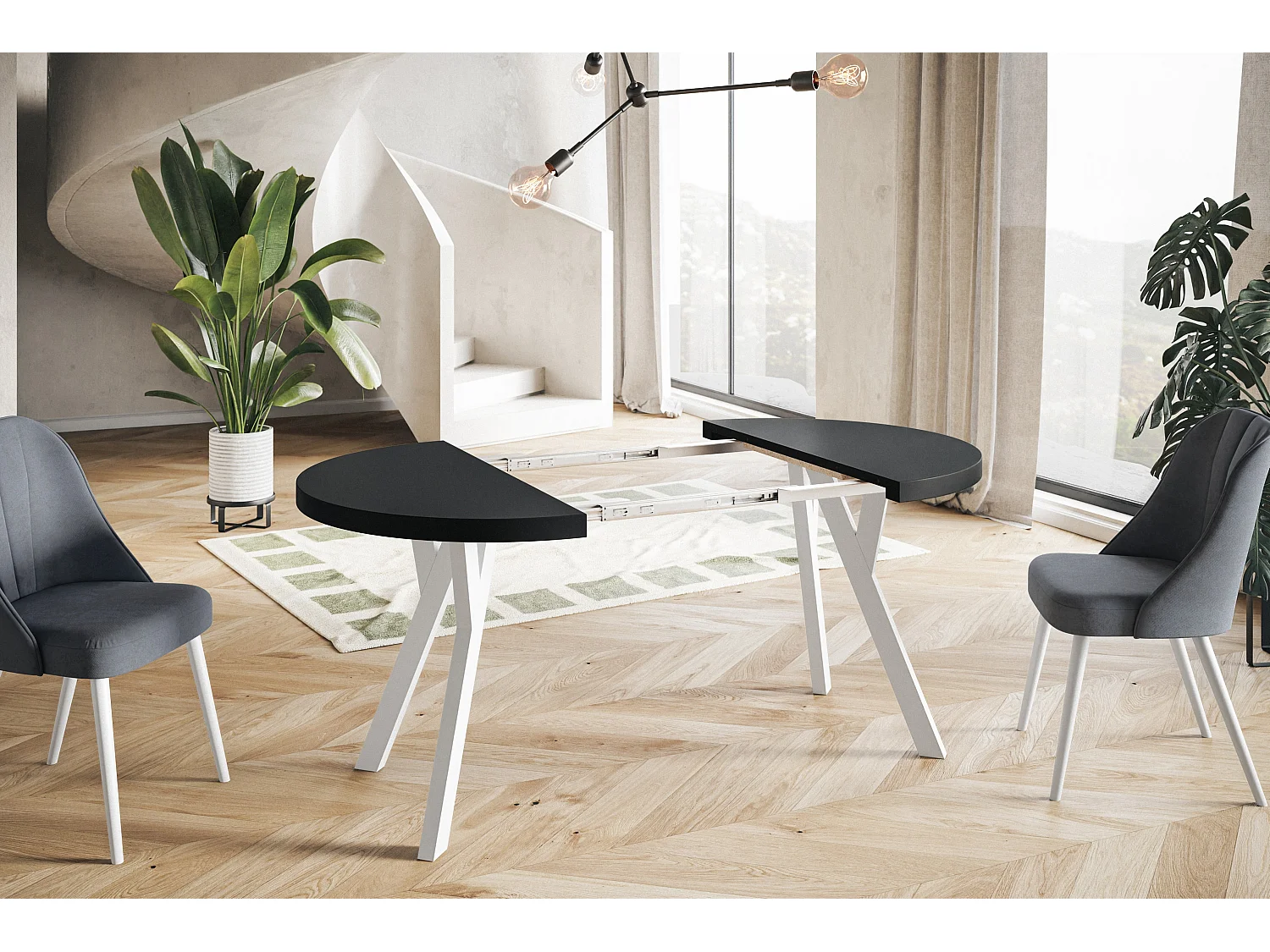 Table de salle à manger ronde OVO, table à rallonges Diamètre : 120 cm à 220 cm, couleur de la table basse : noir, avec pieds en bois de couleur blanc