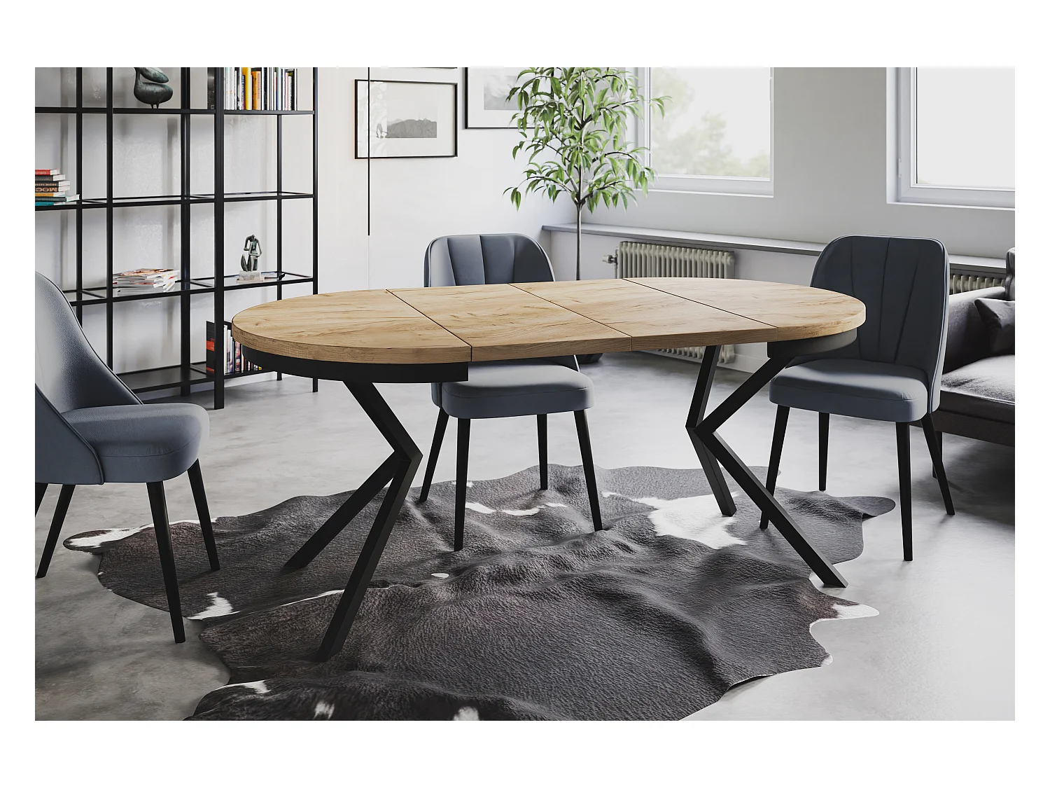 Table de salle à manger ronde BERGO, table à rallonges Diamètre : 90 cm/170 cm, couleur de la table basse : marron, avec pieds métalliques de couleur noire