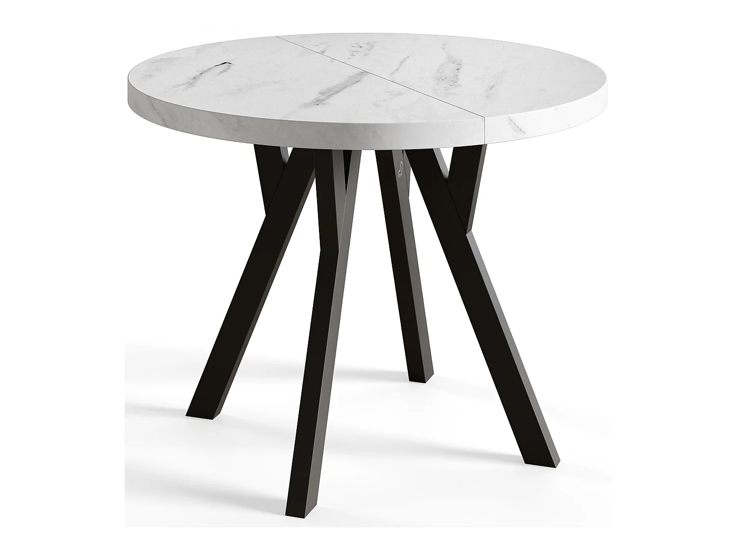 Table de salle à manger ronde OVO, table à rallonges Diamètre : 110 cm à 210 cm, couleur de la table basse : MARMUR, avec pieds en bois couleur noir