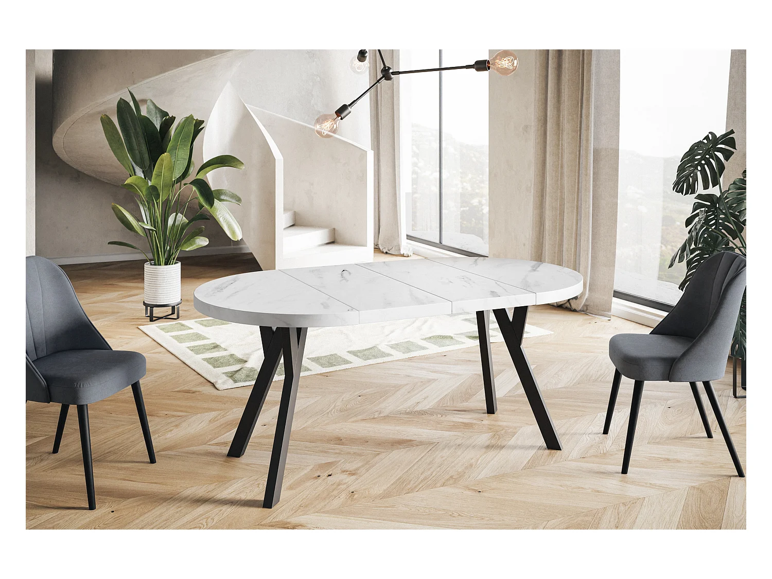 Table de salle à manger ronde OVO, table à rallonges Diamètre : 110 cm à 210 cm, couleur de la table basse : MARMUR, avec pieds en bois couleur noir