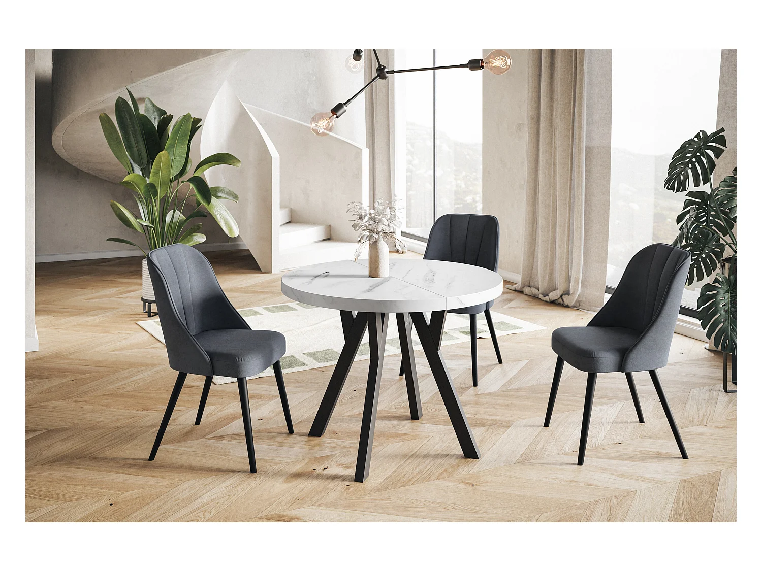 Table de salle à manger ronde OVO, table à rallonges Diamètre : 110 cm à 210 cm, couleur de la table basse : MARMUR, avec pieds en bois couleur noir