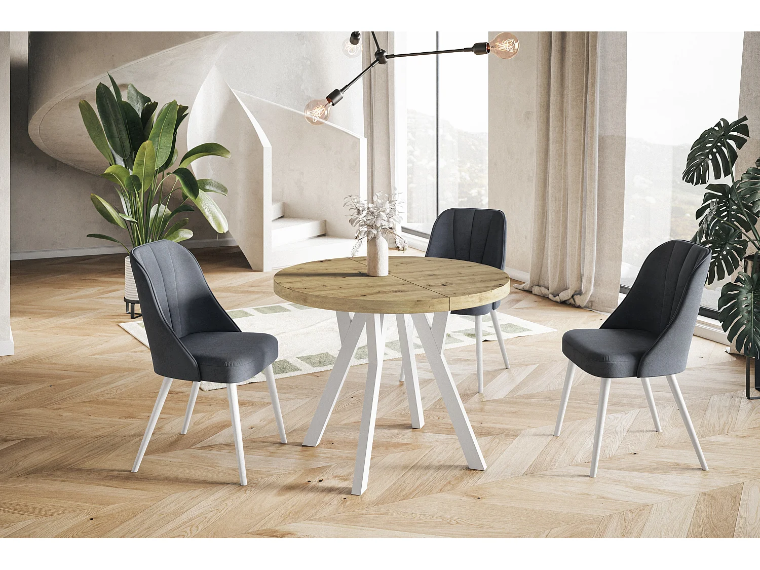 Table de salle à manger ronde OVO, table à rallonges Diamètre : 90 cm à 190 cm, couleur de la table basse : ARTISAN, avec pieds en bois de couleur blanche