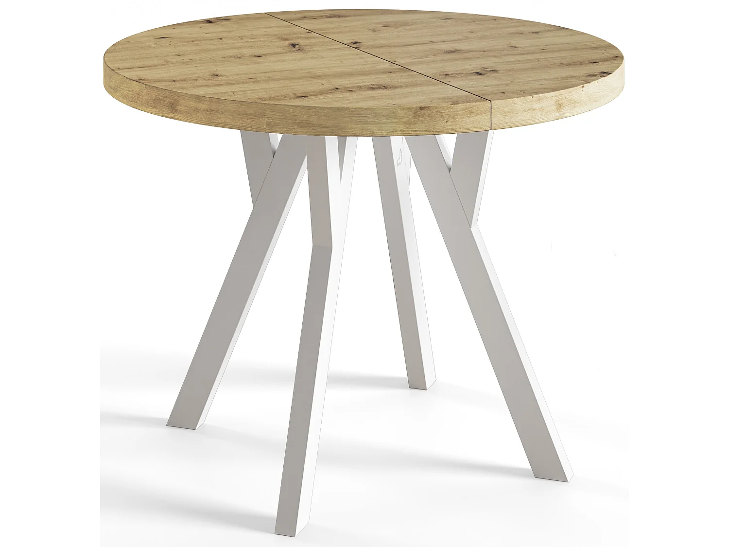 Table de salle à manger ronde OVO, table à rallonges Diamètre : 90 cm à 190 cm, couleur de la table basse : ARTISAN, avec pieds en bois de couleur blanche