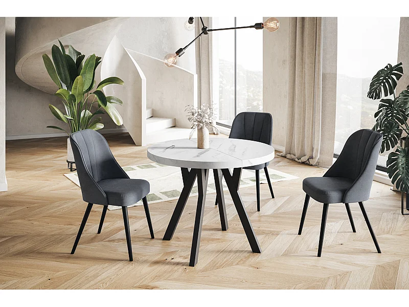 Table de salle à manger ronde OVO, table à rallonges Diamètre : 90 cm à 190 cm, couleur de la table basse : MARMUR, avec pieds en bois couleur noir