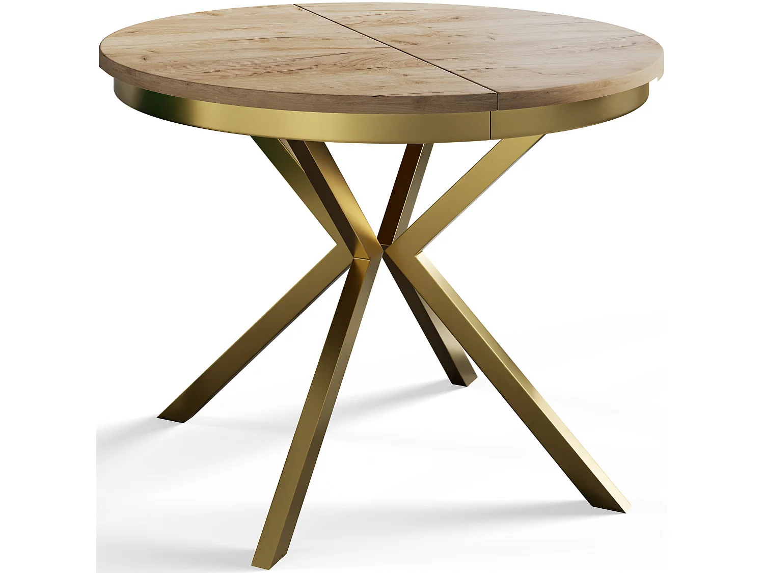 Table de salle à manger ronde BERGO, table à rallonges Diamètre : 120 cm/200 cm, couleur de la table basse : marron, avec pieds métalliques couleur or