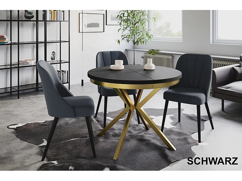 Table de salle à manger ronde BERGO, table à rallonges Diamètre : 90 cm/170 cm, couleur de la table basse : noir, avec pieds métalliques couleur or