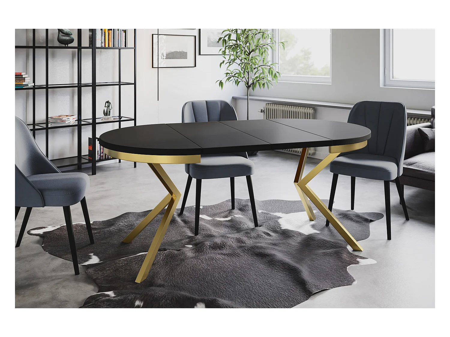 Table de salle à manger ronde BERGO, table à rallonges Diamètre : 90 cm/170 cm, couleur de la table basse : noir, avec pieds métalliques couleur or