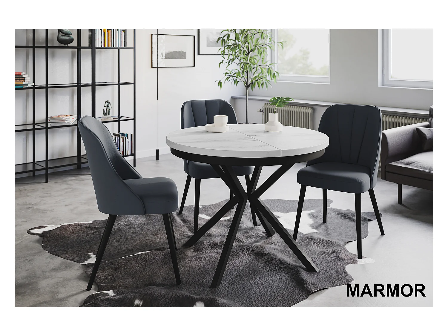 Table de salle à manger ronde BERGO, table à rallonges Diamètre : 120 cm/200 cm, couleur de la table basse : marbre, avec pieds métalliques de couleur noire