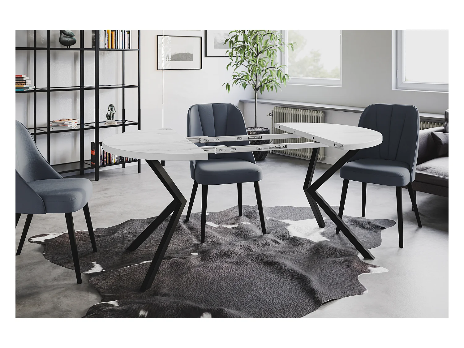 Table de salle à manger ronde BERGO, table à rallonges Diamètre : 120 cm/200 cm, couleur de la table basse : marbre, avec pieds métalliques de couleur noire