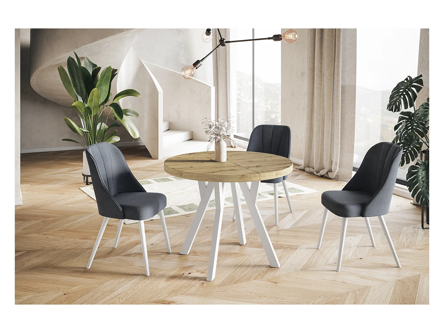 Table de salle à manger ronde OVO, table à rallonges Diamètre : 110 cm à 210 cm, couleur de la table basse : ARTISAN, avec pieds en bois de couleur blanche