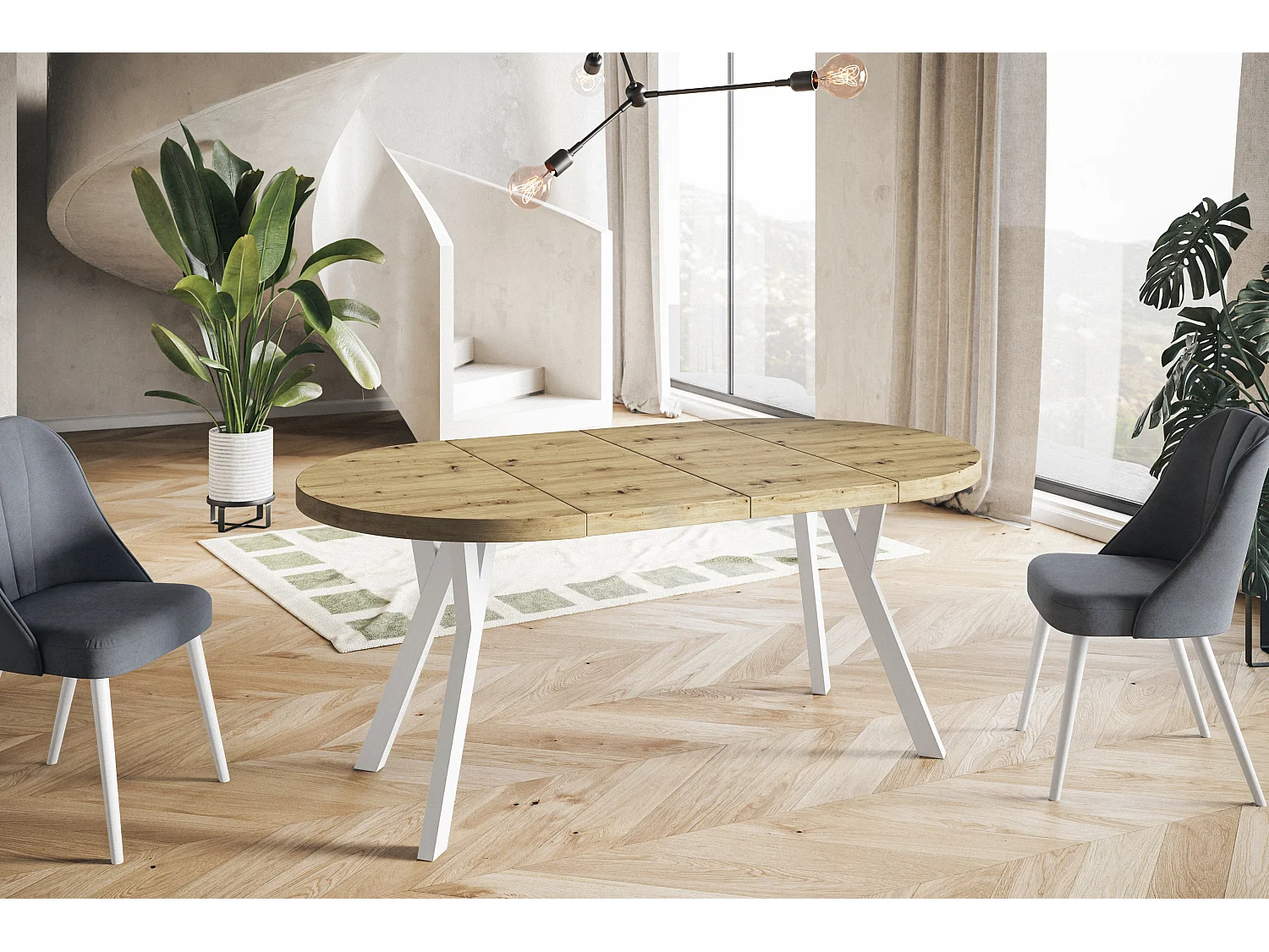 Table de salle à manger ronde OVO, table à rallonges Diamètre : 110 cm à 210 cm, couleur de la table basse : ARTISAN, avec pieds en bois de couleur blanche