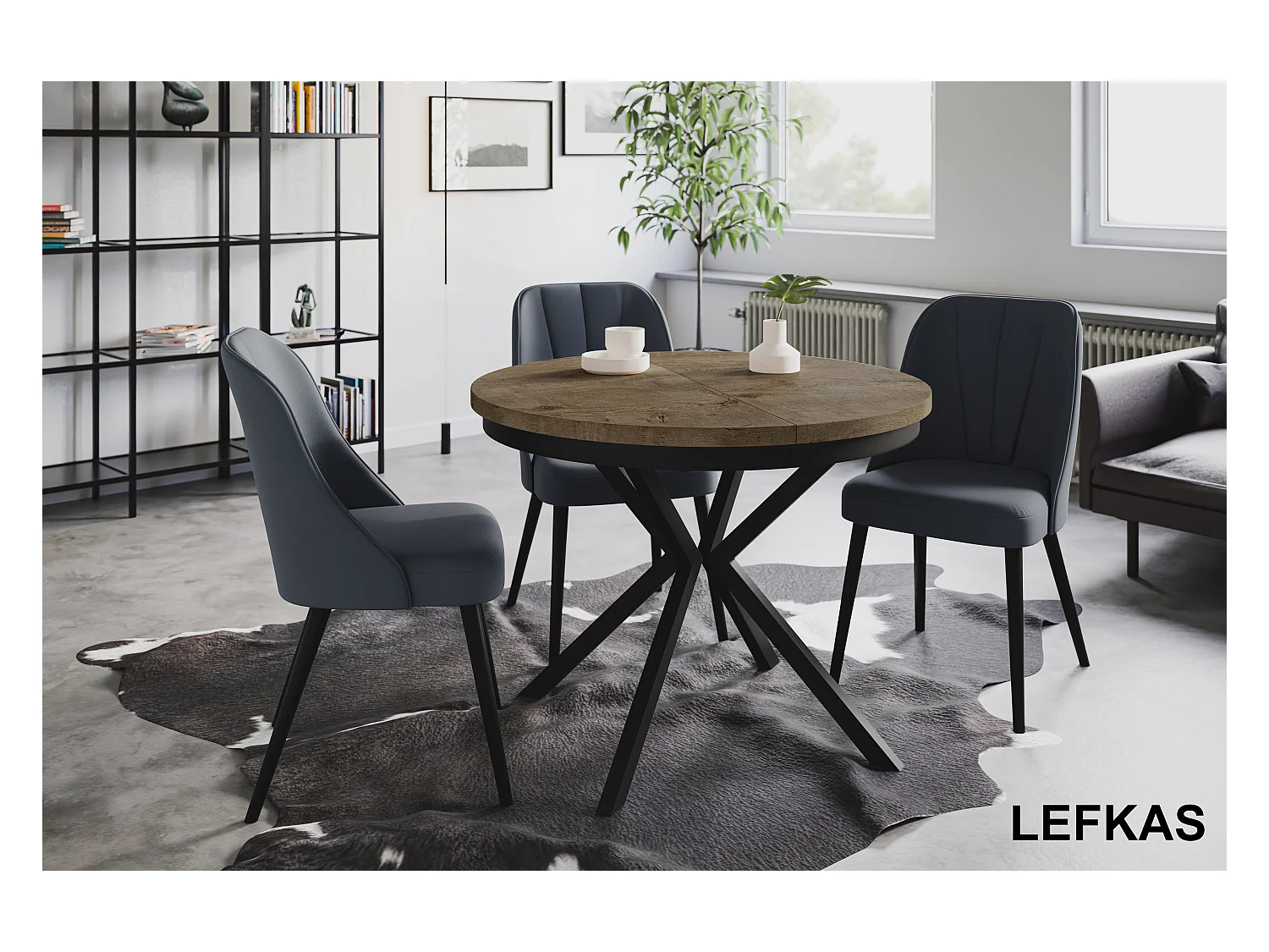 Table de salle à manger ronde BERGO, table à rallonges Diamètre : 120 cm/200 cm, couleur de la table basse : gris, avec pieds métalliques de couleur noire