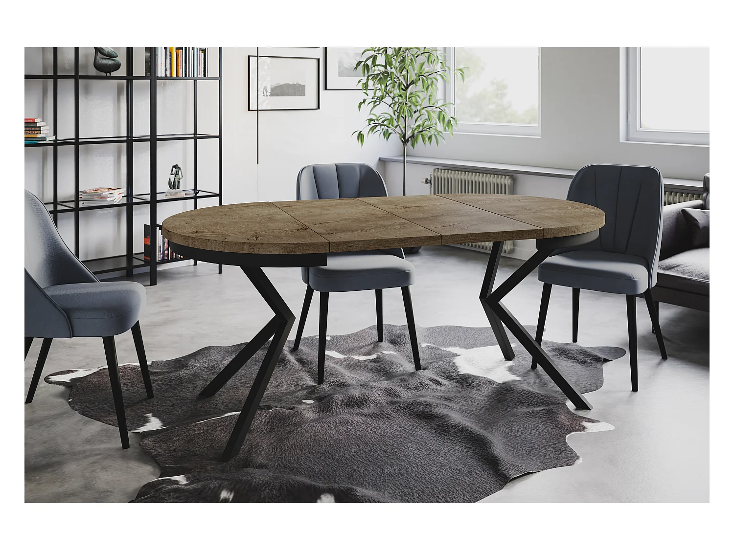 Table de salle à manger ronde BERGO, table à rallonges Diamètre : 120 cm/200 cm, couleur de la table basse : gris, avec pieds métalliques de couleur noire