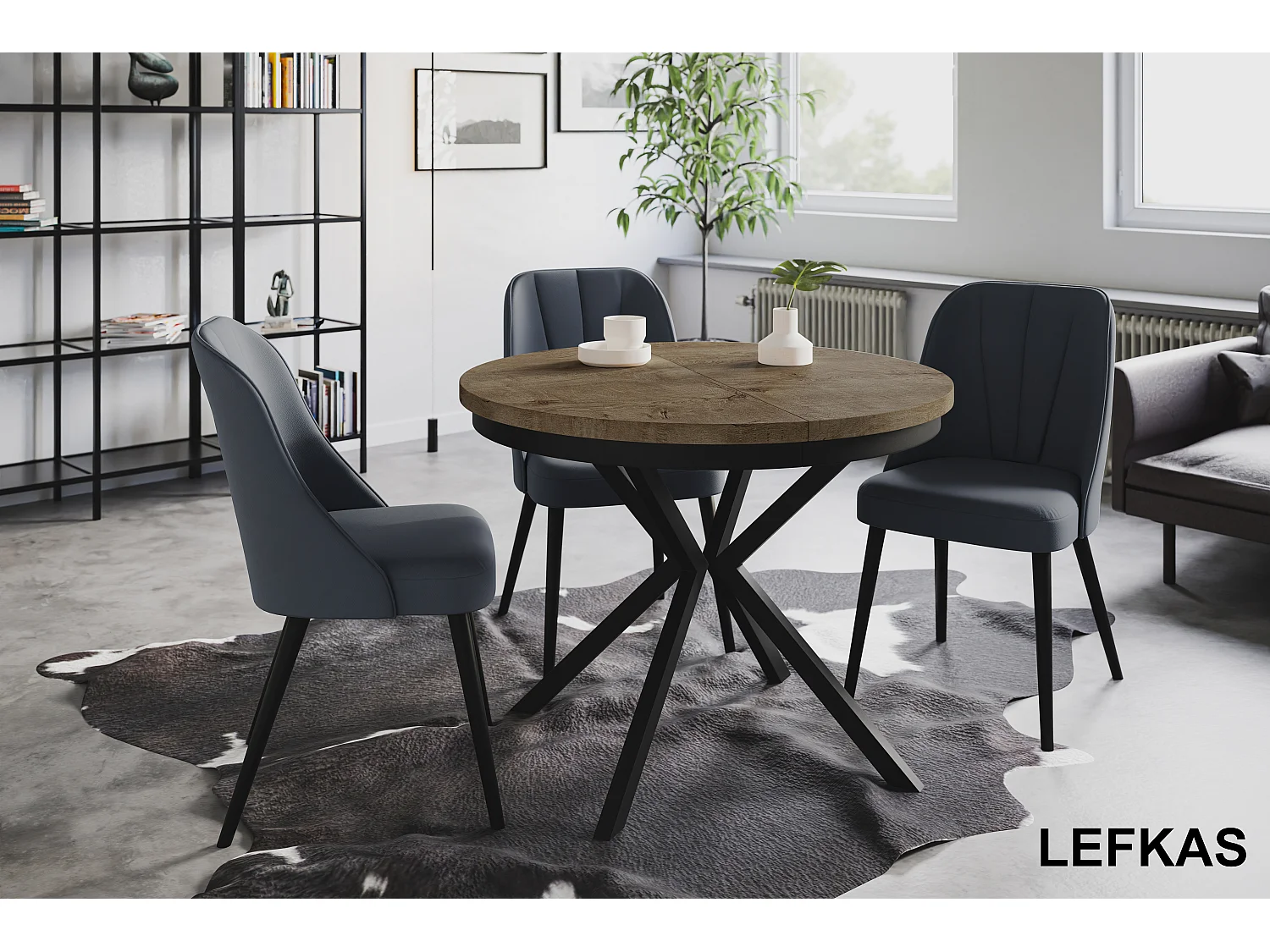 Table de salle à manger ronde BERGO, table à rallonges Diamètre : 120 cm/200 cm, couleur de la table basse : gris, avec pieds métalliques de couleur noire