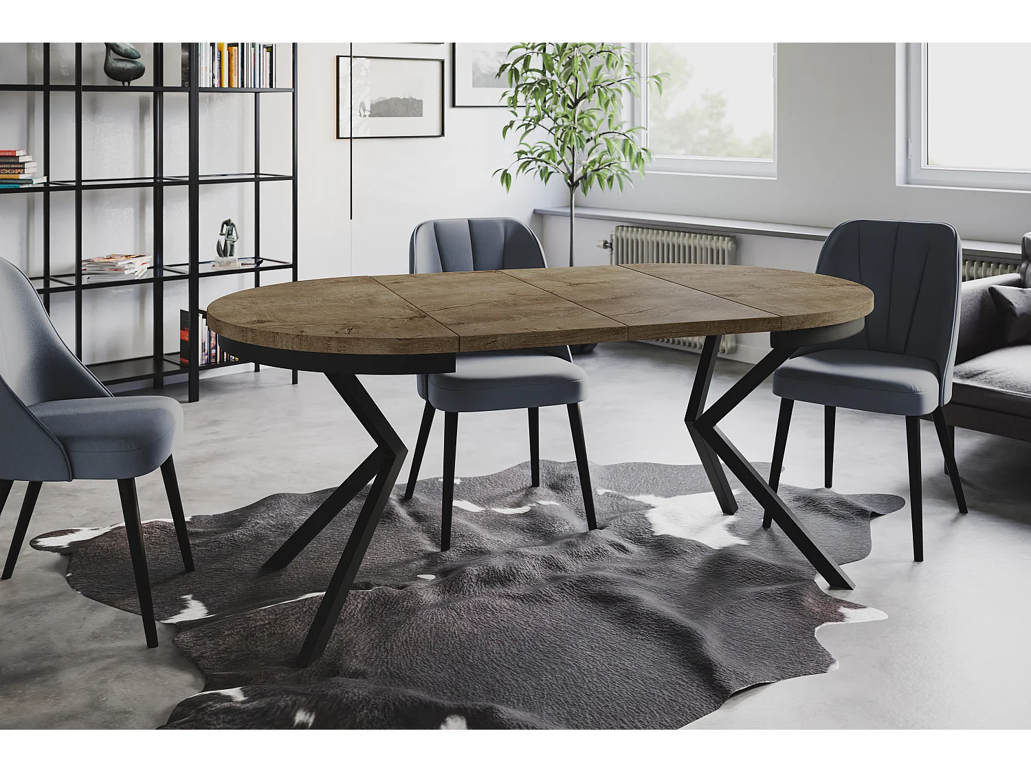 Table de salle à manger ronde BERGO, table à rallonges Diamètre : 120 cm/200 cm, couleur de la table basse : gris, avec pieds métalliques de couleur noire