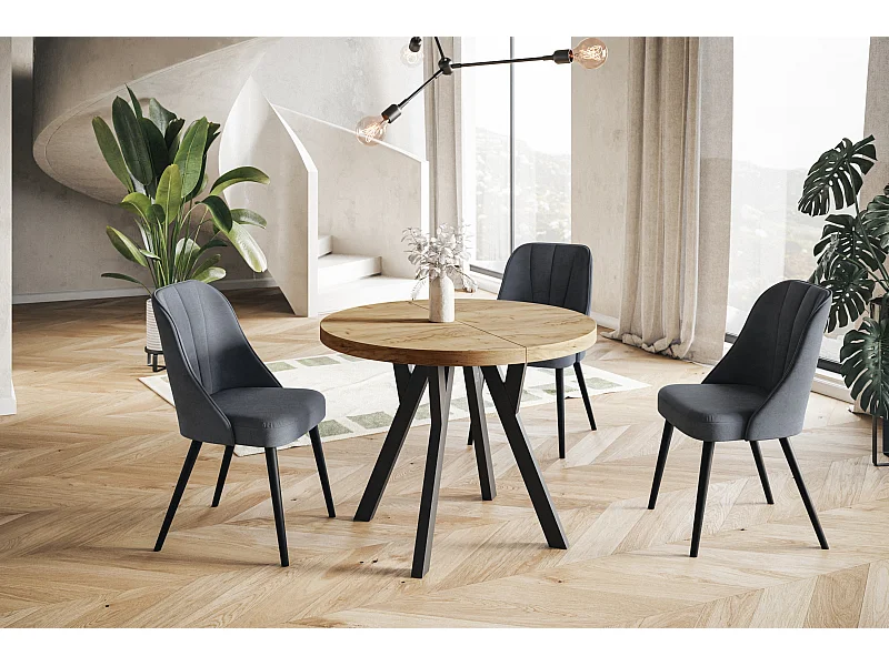 Table de salle à manger ronde OVO, table à rallonges Diamètre : 80 cm à 130 cm, couleur de la table de salon : CRAFT, avec pieds en bois de couleur noire