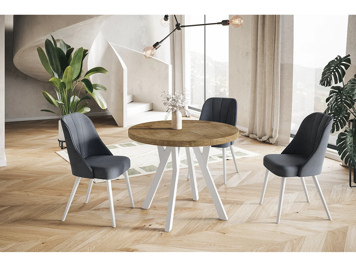 Table de salle à manger ronde OVO, table à rallonges Diamètre : 100 cm à 200 cm, couleur de la table basse : LEFAKS, avec pieds en bois blanc