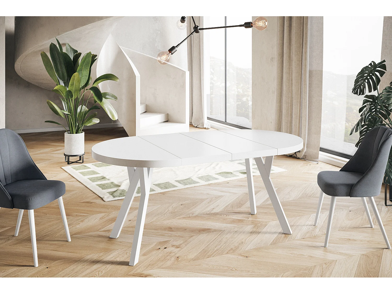 Table de salle à manger ronde OVO, table à rallonges Diamètre : 110 cm à 210 cm, couleur de la table basse : blanc, avec pieds en bois couleur blanc