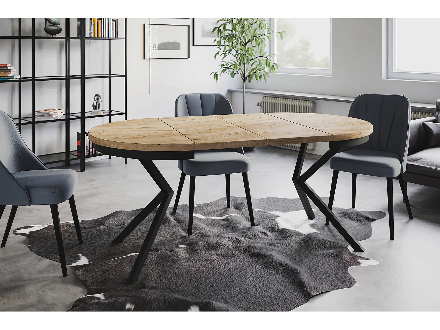 Table de salle à manger ronde BERGO, table à rallonges Diamètre : 100 cm/180 cm, couleur de la table basse : marron, avec pieds métalliques de couleur noire