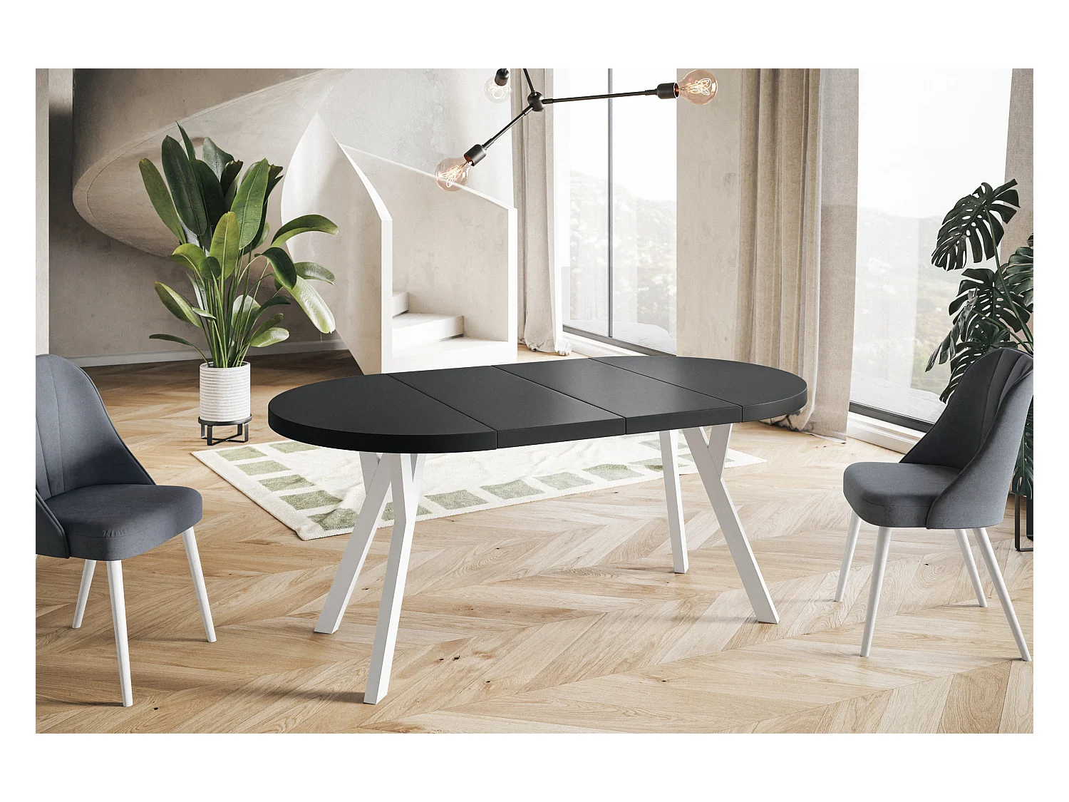 Table de salle à manger ronde OVO, table à rallonges Diamètre : 110 cm à 210 cm, couleur de la table basse : noir, avec pieds en bois de couleur blanche