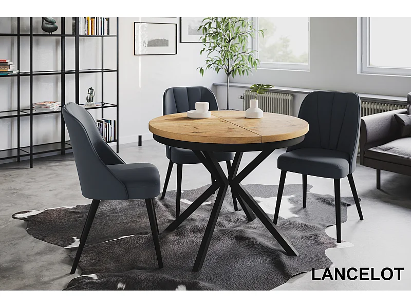 Table de salle à manger ronde BERGO, table à rallonges Diamètre : 90 cm/170 cm, couleur de la table basse : marron clair, avec pieds métalliques de couleur noire