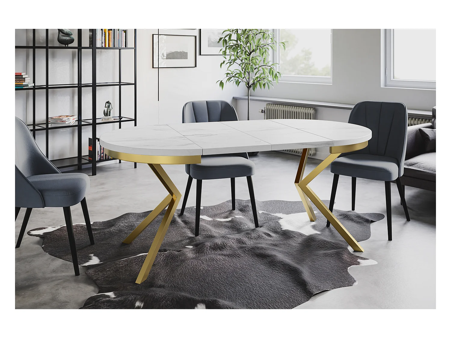 Table de salle à manger ronde BERGO, table à rallonges Diamètre : 120 cm/200 cm, couleur de la table basse : marbre, avec pieds métalliques couleur or