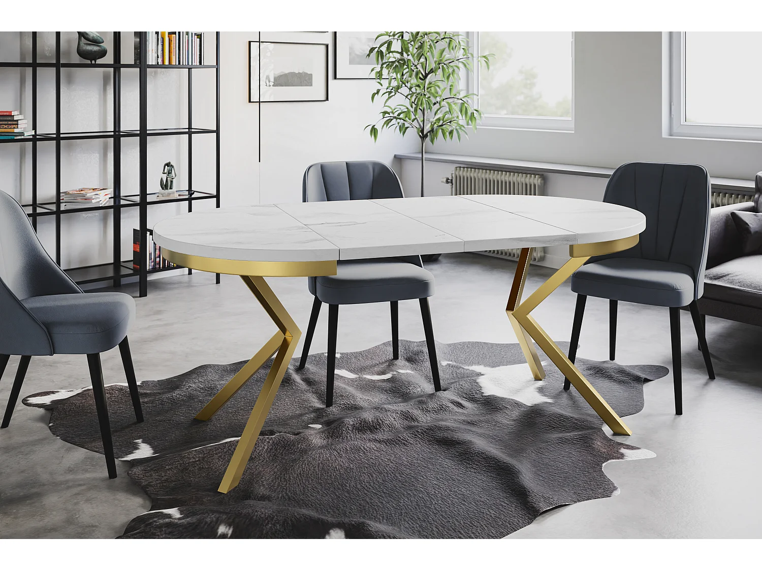 Table de salle à manger ronde BERGO, table à rallonges Diamètre : 120 cm/200 cm, couleur de la table basse : marbre, avec pieds métalliques couleur or