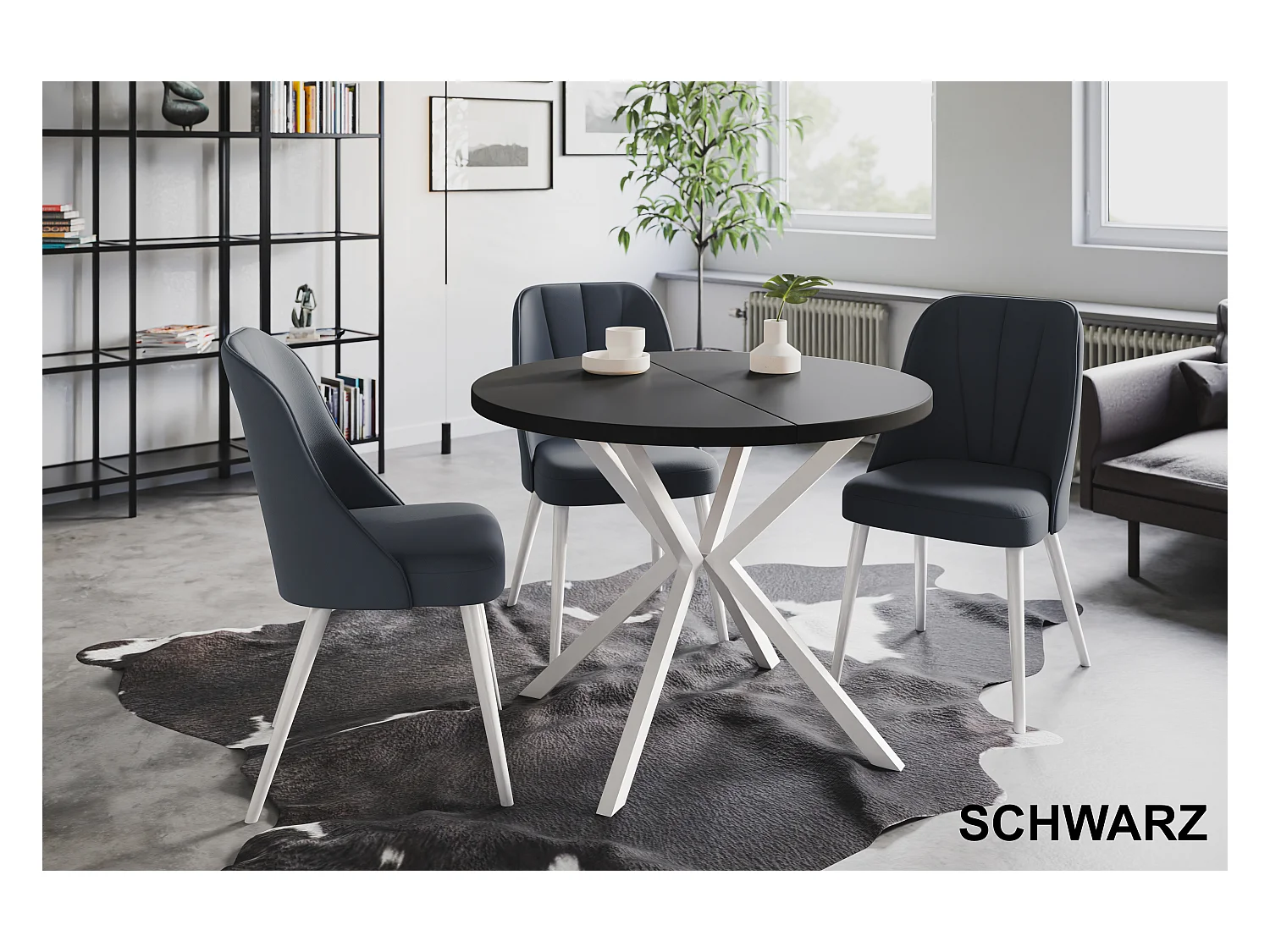 Table à manger ronde LITEN, table à rallonges Diamètre : 100 cm/180 cm, couleur de la table basse : noir, avec pieds métalliques blancs