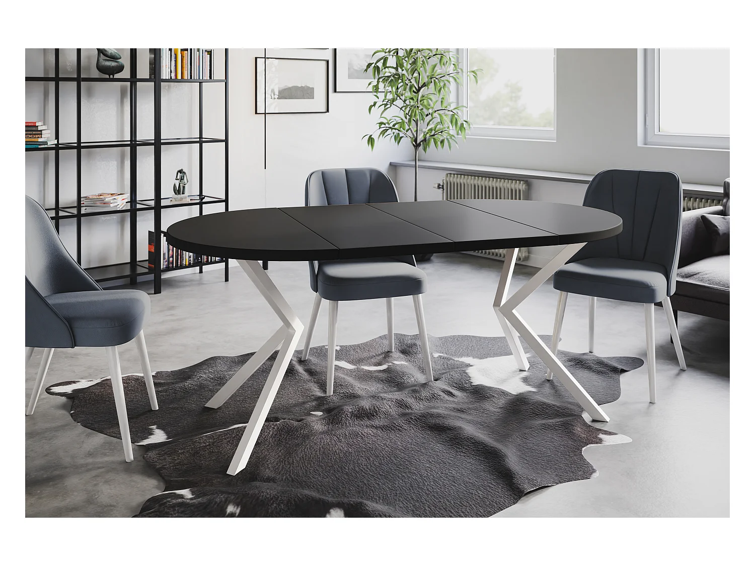 Table à manger ronde LITEN, table à rallonges Diamètre : 100 cm/180 cm, couleur de la table basse : noir, avec pieds métalliques blancs