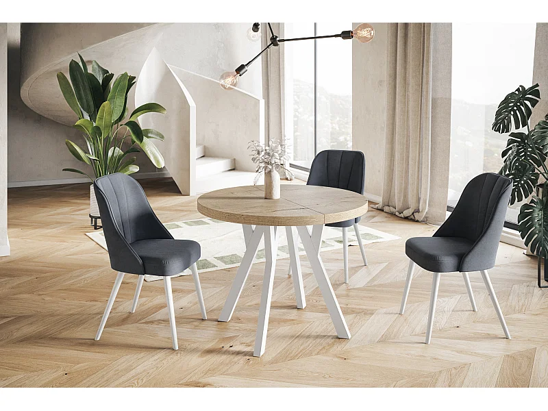 Table de salle à manger ronde OVO, table à rallonges Diamètre : 110 cm à 210 cm, couleur de la table basse : HALIFAX, avec pieds en bois de couleur blanche