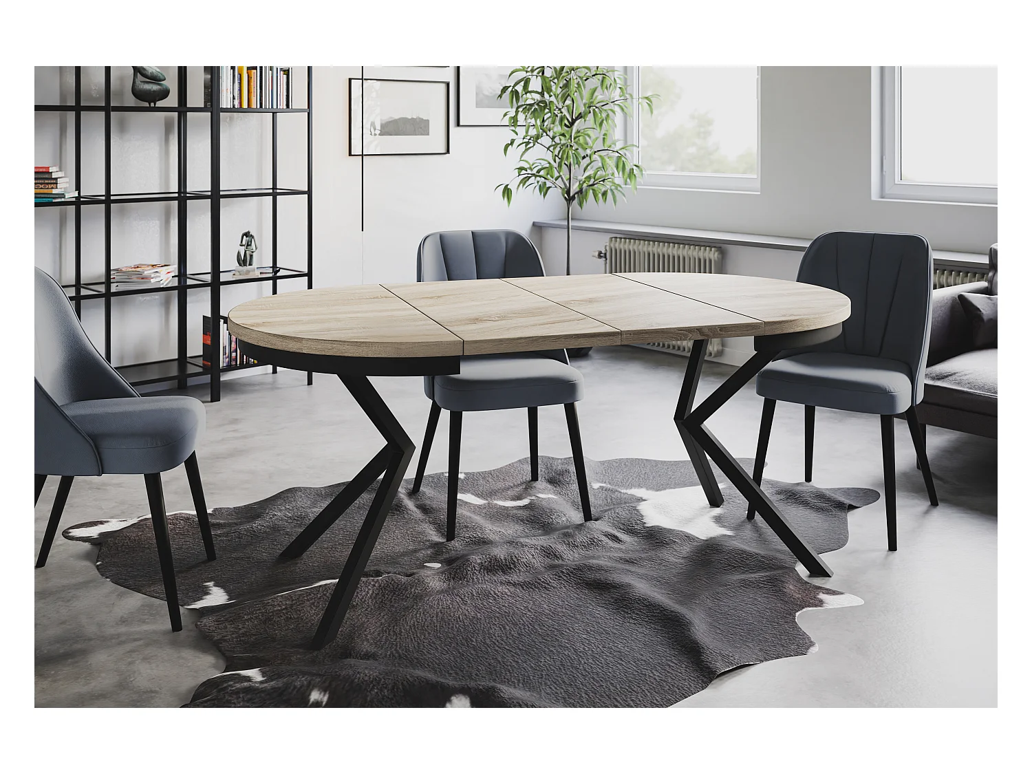 Table de salle à manger ronde BERGO, table à rallonges Diamètre : 100 cm/180 cm, couleur de la table basse : beige, avec pieds métalliques de couleur noire